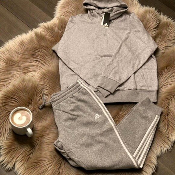 NWT ADIDAS 2 PC HOODIE SWEATSHIRT AND JOGGER GREY MATCHING SET M XL OUTFIT - Picture 2 of 3